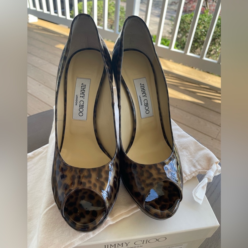 Jimmy Choo Leopard print patent Tacco 120mm heel peep toe